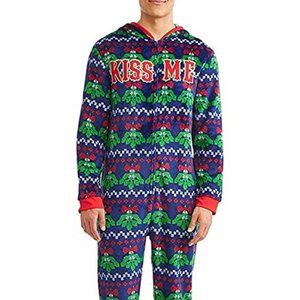 Christmas Holiday Tacky Kiss Me Mistletoe 1 Piece Hoodie Plush Fleece PJ's sz XL